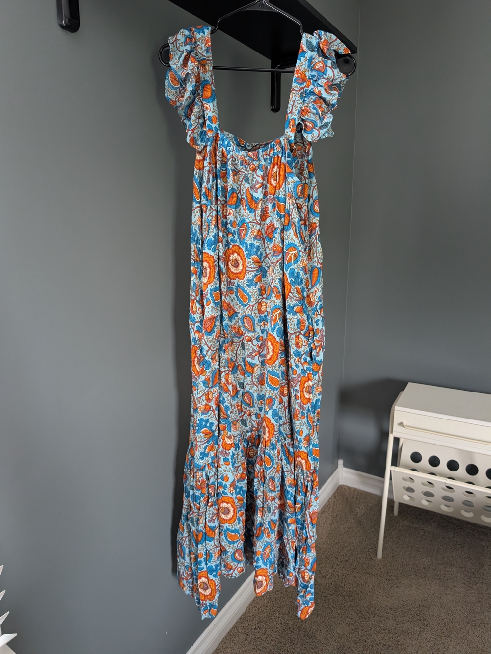 Floral Ruffle Strap Maxi Dress - Blue & Orange